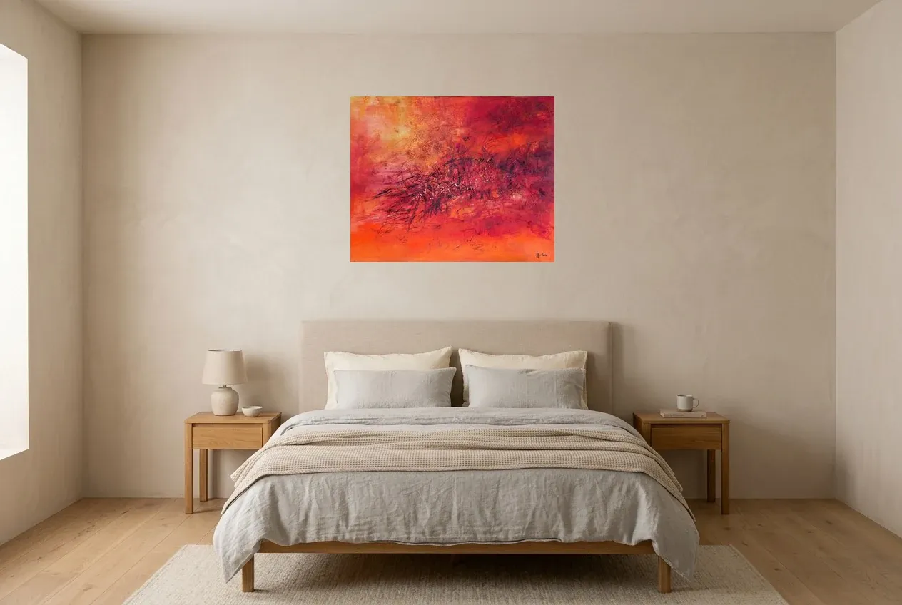 Red Abstract Painting 147 “Trou Noir”, original oil painting by Régine Gardan, 80 × 65 cm, hung in a bedroom