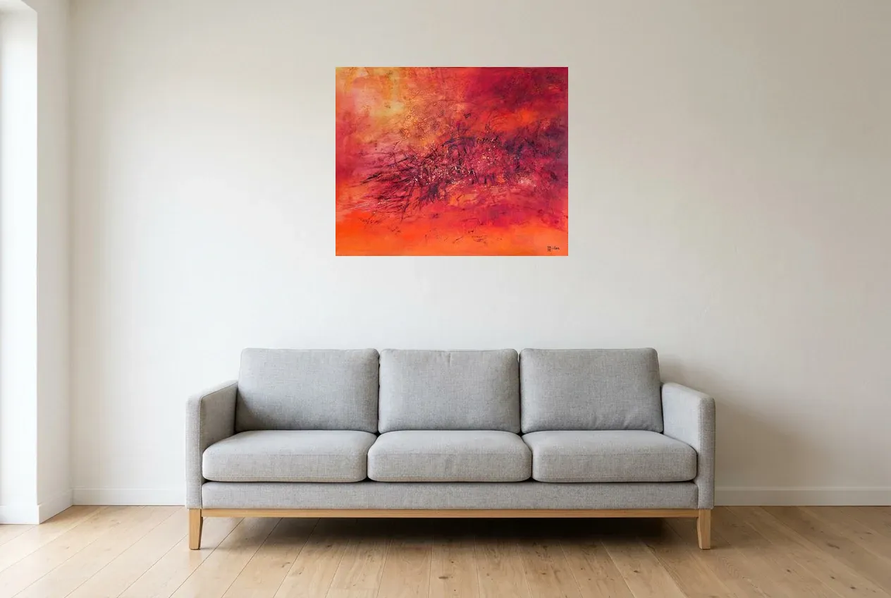 Red Abstract Painting 147 “Trou Noir”, original oil painting by Régine Gardan, 80 × 65 cm, hung in a living room