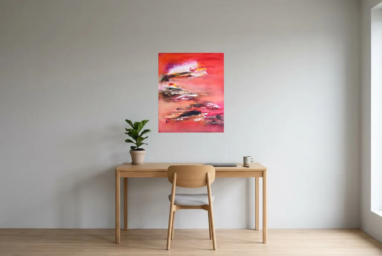 Red Abstract Painting 152 “Pays Du Soleil Levant”, original oil painting by Régine Gardan, 60 × 73 cm, hung in a home office