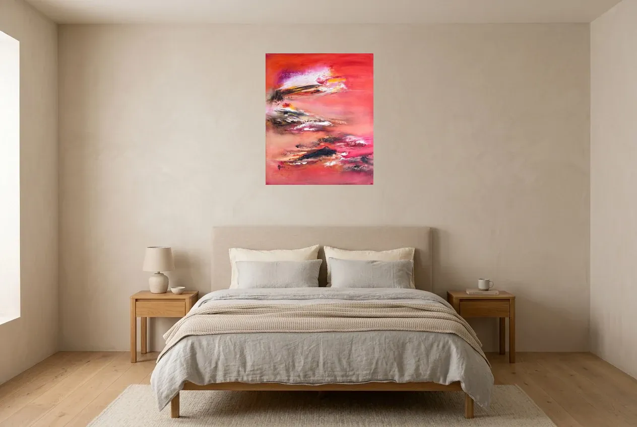 Red Abstract Painting 152 “Pays Du Soleil Levant”, original oil painting by Régine Gardan, 60 × 73 cm, hung in a bedroom