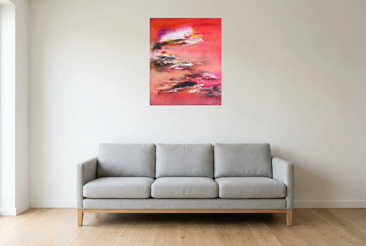 Red Abstract Painting 152 “Pays Du Soleil Levant”, original oil painting by Régine Gardan, 60 × 73 cm, hung in a living room
