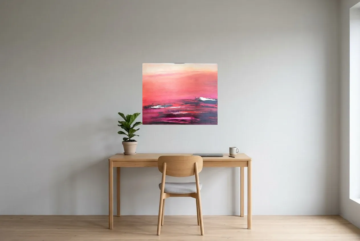 Cuadro Abstracto Rojo 154 “Atmosphère”, pintura original al óleo de Régine Gardan, 73 × 60 cm, colgado en un despacho