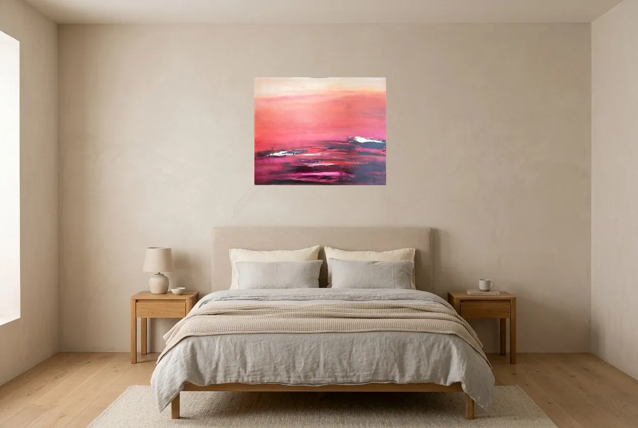 Cuadro Abstracto Rojo 154 “Atmosphère”, pintura original al óleo de Régine Gardan, 73 × 60 cm, colgado en un dormitorio