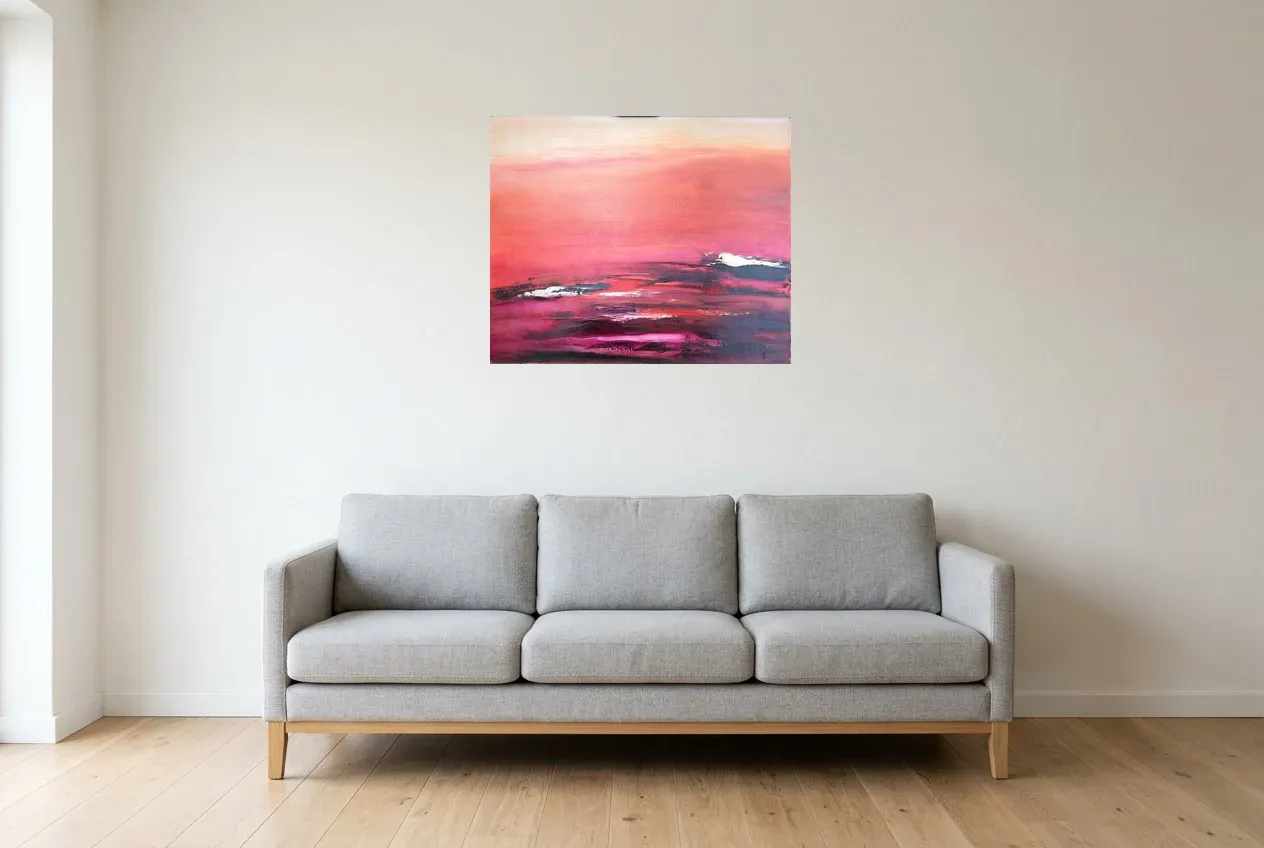 Cuadro Abstracto Rojo 154 “Atmosphère”, pintura original al óleo de Régine Gardan, 73 × 60 cm, colgado en un salón