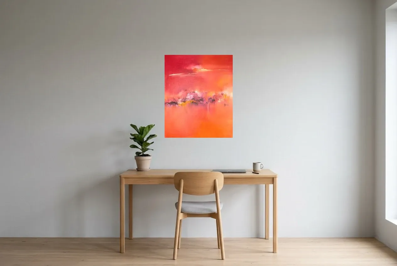Cuadro Abstracto Rojo 160 “Vent Ardent”, pintura original al óleo de Régine Gardan, 60 × 73 cm, colgado en un despacho