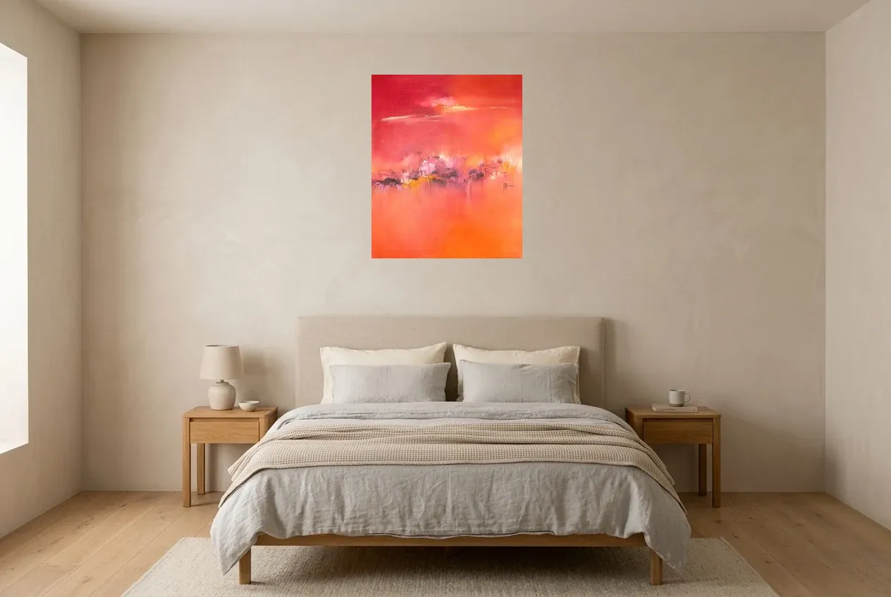 Cuadro Abstracto Rojo 160 “Vent Ardent”, pintura original al óleo de Régine Gardan, 60 × 73 cm, colgado en un dormitorio