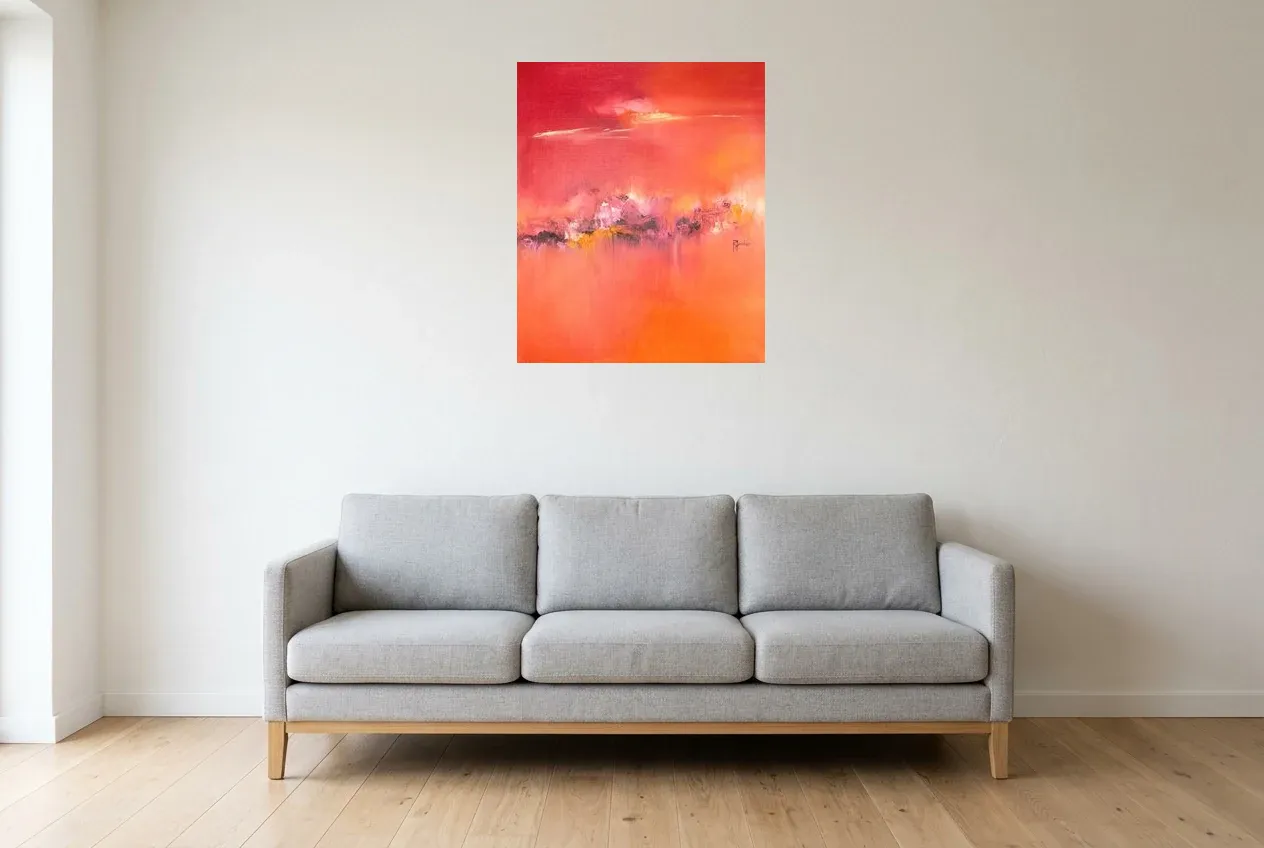 Cuadro Abstracto Rojo 160 “Vent Ardent”, pintura original al óleo de Régine Gardan, 60 × 73 cm, colgado en un salón