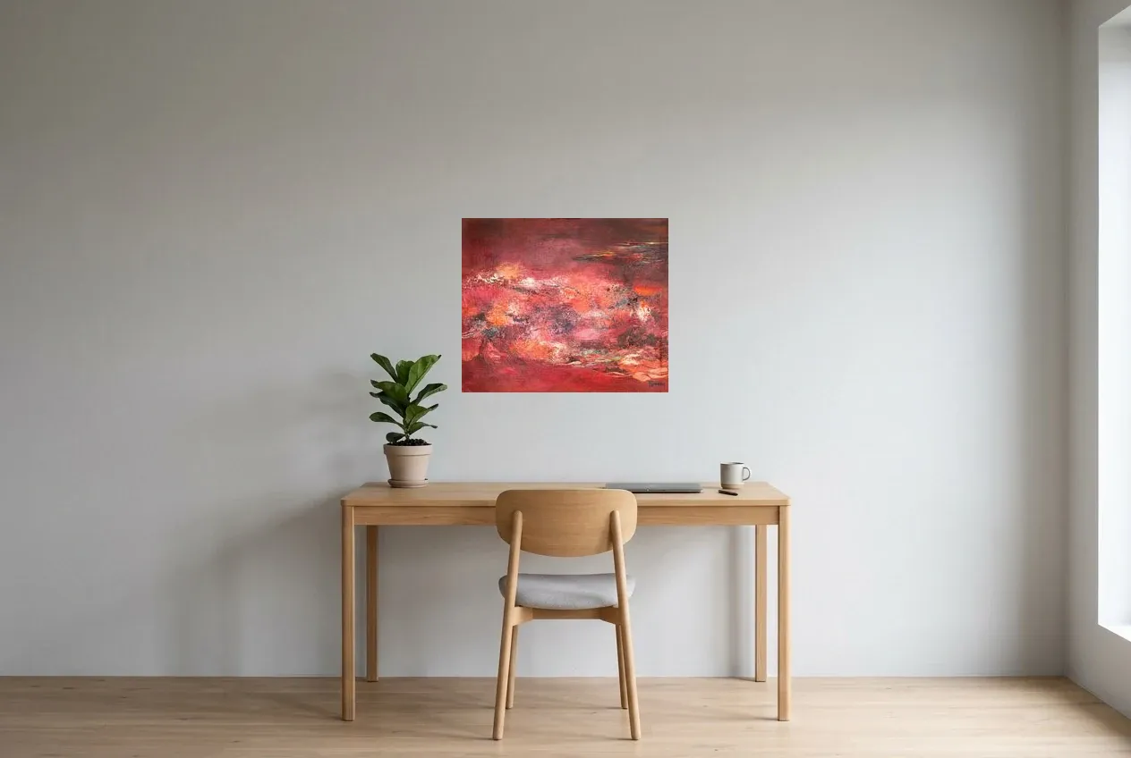 Red Abstract Painting 161 “Ébullition”, original oil painting by Régine Gardan, 64 × 54 cm, hung in a home office