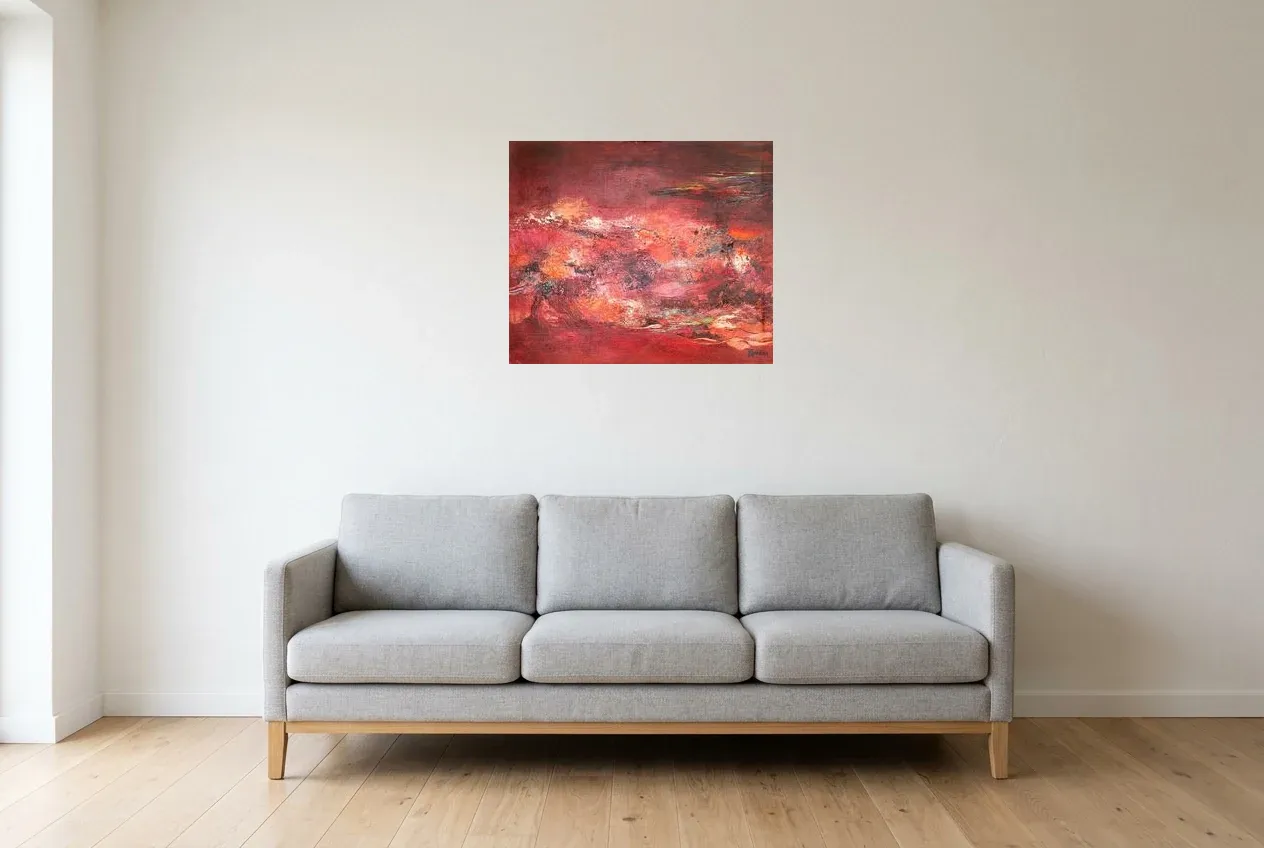 Red Abstract Painting 161 “Ébullition”, original oil painting by Régine Gardan, 64 × 54 cm, hung in a living room