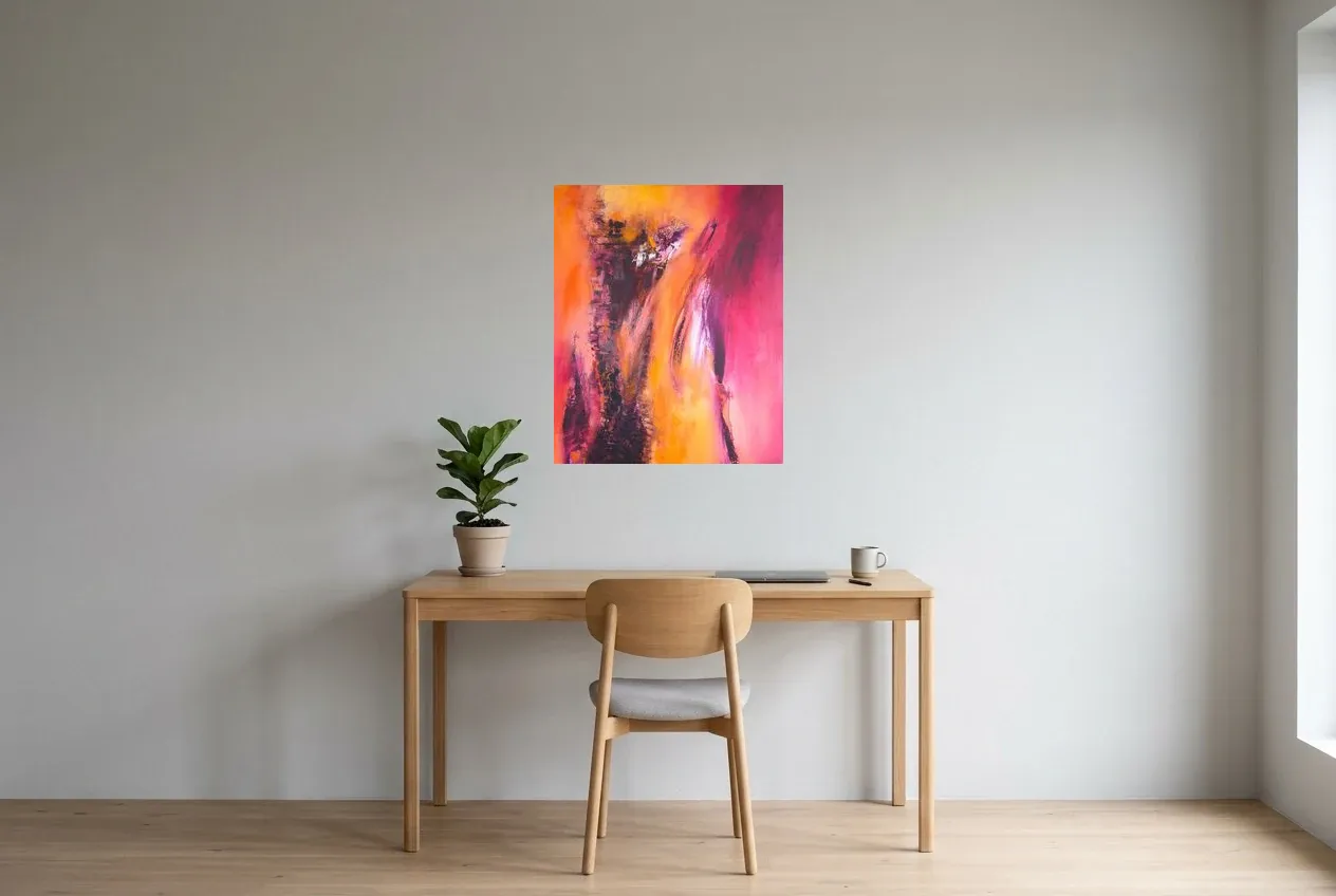 Red Abstract Wall Art 166 “Tour des Contrastes”, original oil painting by Régine Gardan, 60 × 73 cm, hung in a home office