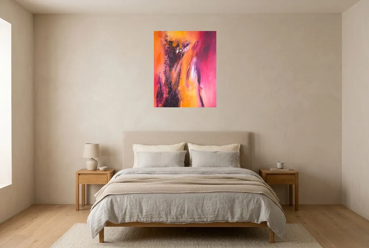 Red Abstract Wall Art 166 “Tour des Contrastes”, original oil painting by Régine Gardan, 60 × 73 cm, hung in a bedroom