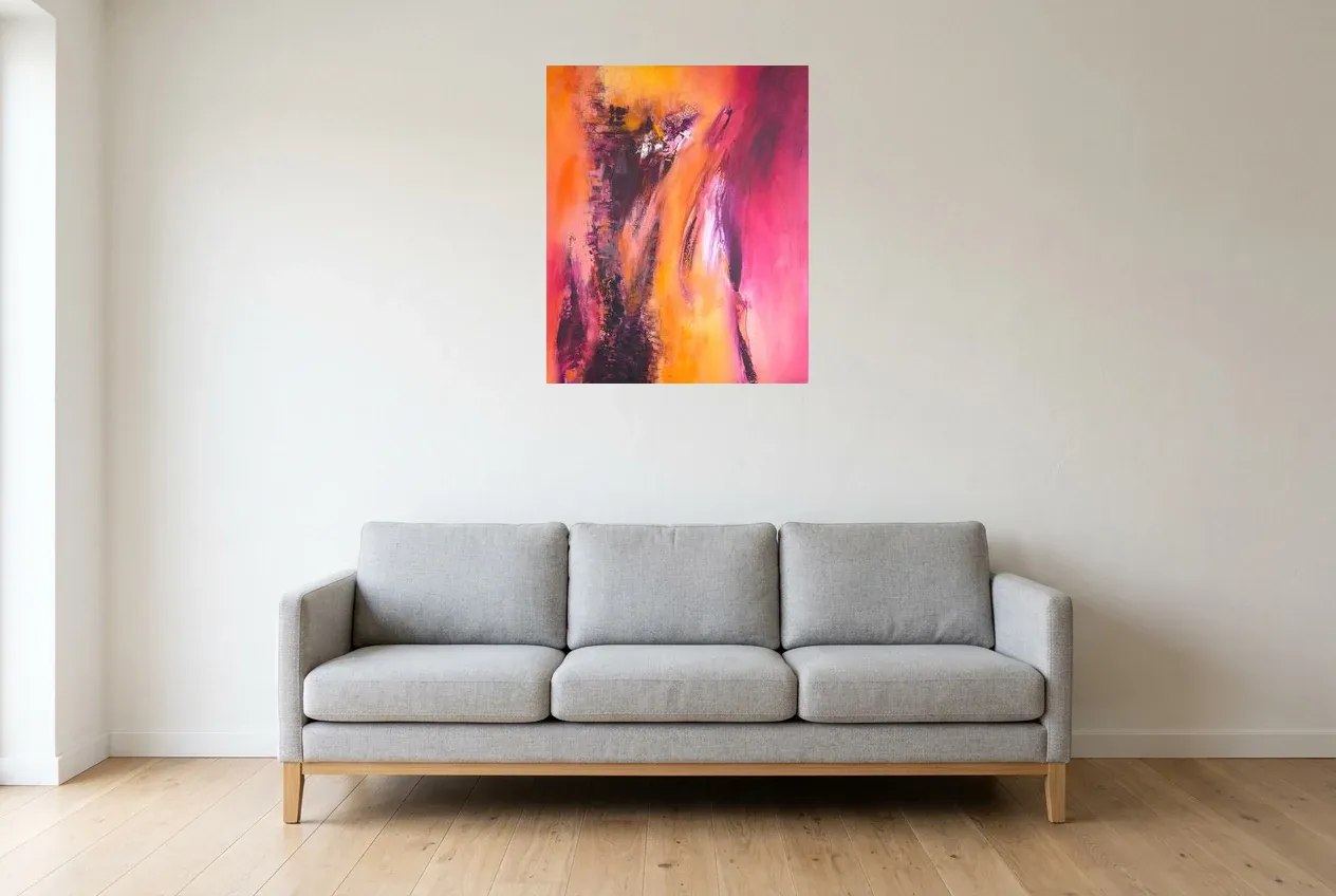 Red Abstract Wall Art 166 “Tour des Contrastes”, original oil painting by Régine Gardan, 60 × 73 cm, hung in a living room