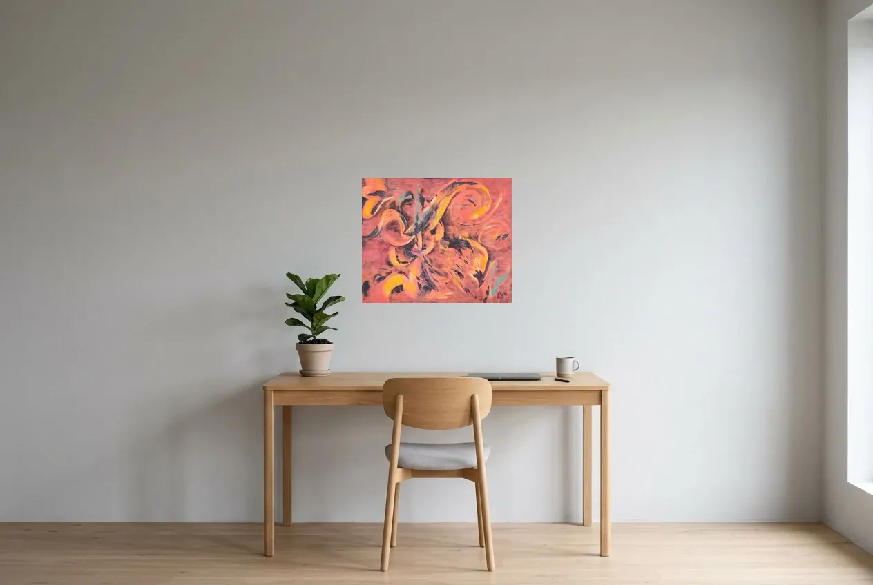 Red Abstract Painting 174 “Encre de Feu”, original oil painting by Régine Gardan, 60 × 50 cm, hung in a home office