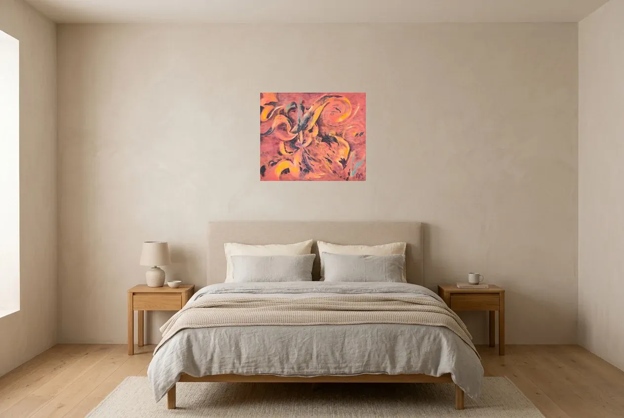 Red Abstract Painting 174 “Encre de Feu”, original oil painting by Régine Gardan, 60 × 50 cm, hung in a bedroom