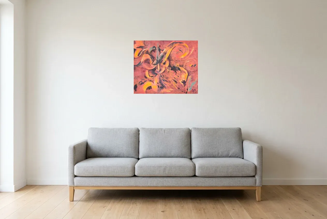 Red Abstract Painting 174 “Encre de Feu”, original oil painting by Régine Gardan, 60 × 50 cm, hung in a living room
