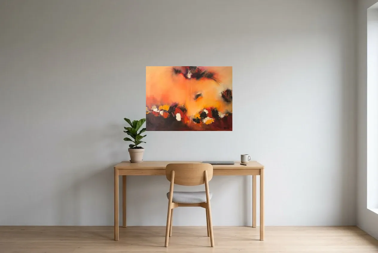 Red Abstract Painting 18 “Flamboyant”, original oil painting by Régine Gardan, 80 × 60 cm, hung in a home office