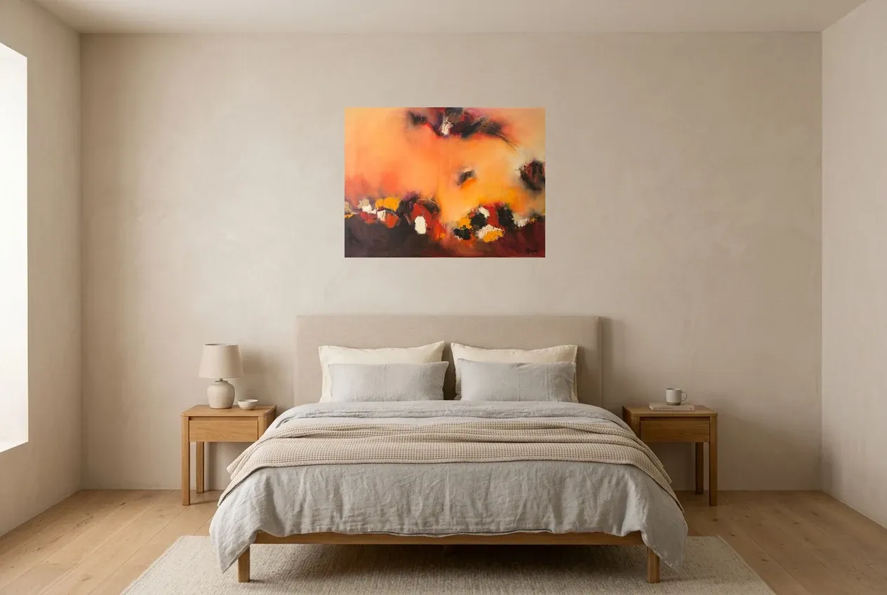 Red Abstract Painting 18 “Flamboyant”, original oil painting by Régine Gardan, 80 × 60 cm, hung in a bedroom