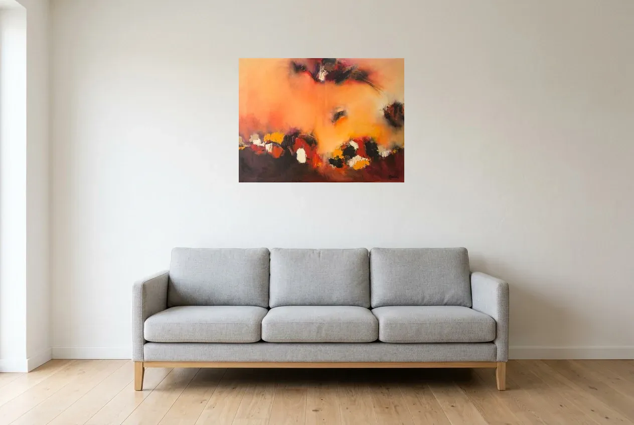 Red Abstract Painting 18 “Flamboyant”, original oil painting by Régine Gardan, 80 × 60 cm, hung in a living room