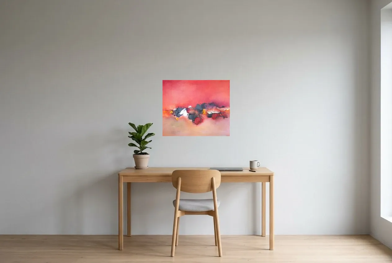 Cuadro Abstracto Rojo 183 “Nuage”, pintura original al óleo de Régine Gardan, 60 × 50 cm, colgado en un despacho