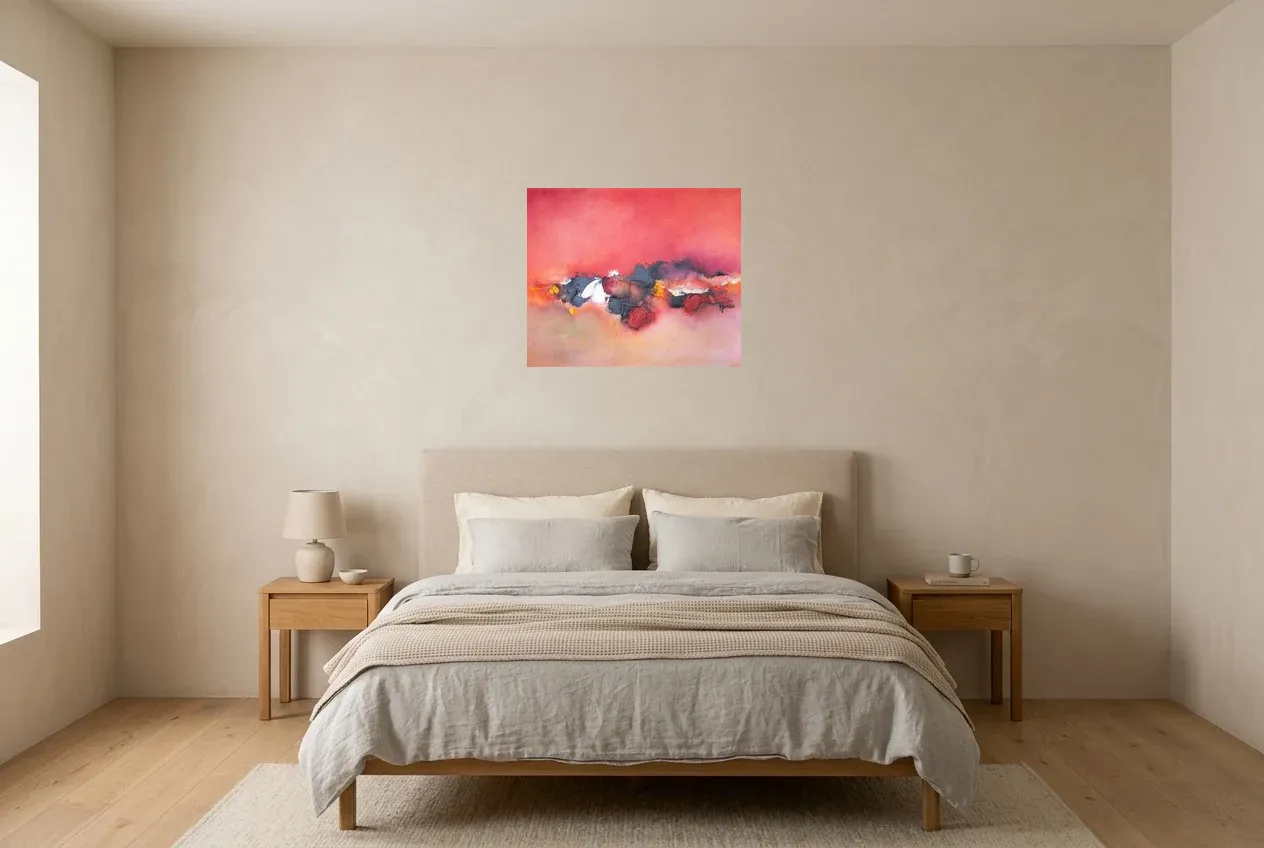 Cuadro Abstracto Rojo 183 “Nuage”, pintura original al óleo de Régine Gardan, 60 × 50 cm, colgado en un dormitorio