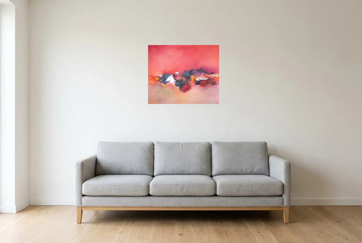 Cuadro Abstracto Rojo 183 “Nuage”, pintura original al óleo de Régine Gardan, 60 × 50 cm, colgado en un salón