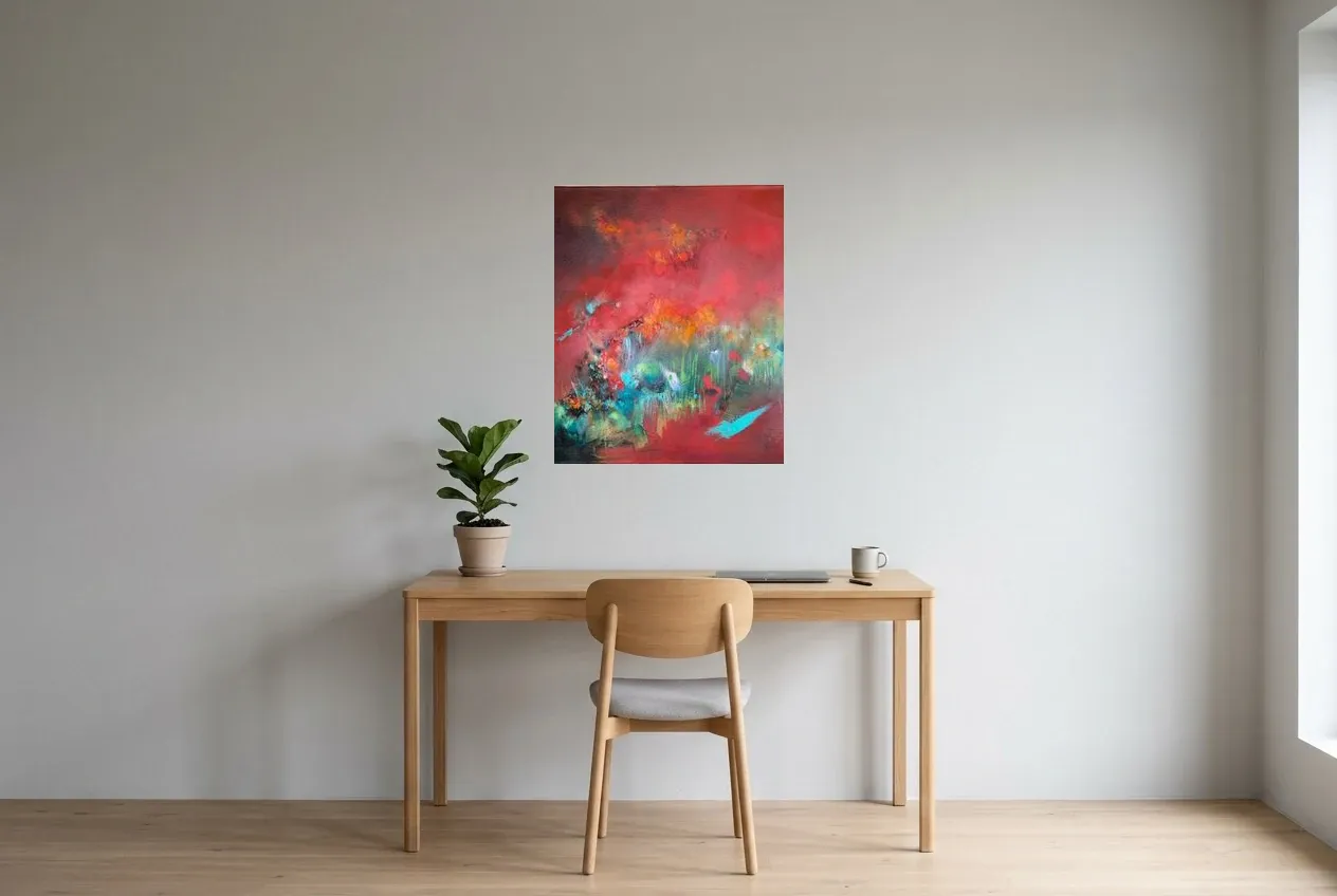 Red Abstract Wall Art 189 “Le Chemin”, original oil painting by Régine Gardan, 60 × 73 cm, hung in a home office