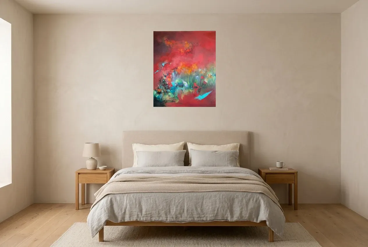 Red Abstract Wall Art 189 “Le Chemin”, original oil painting by Régine Gardan, 60 × 73 cm, hung in a bedroom
