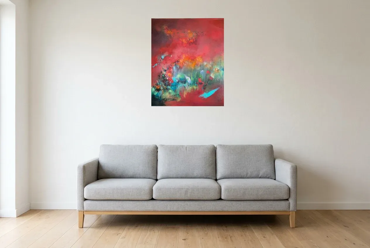 Red Abstract Wall Art 189 “Le Chemin”, original oil painting by Régine Gardan, 60 × 73 cm, hung in a living room