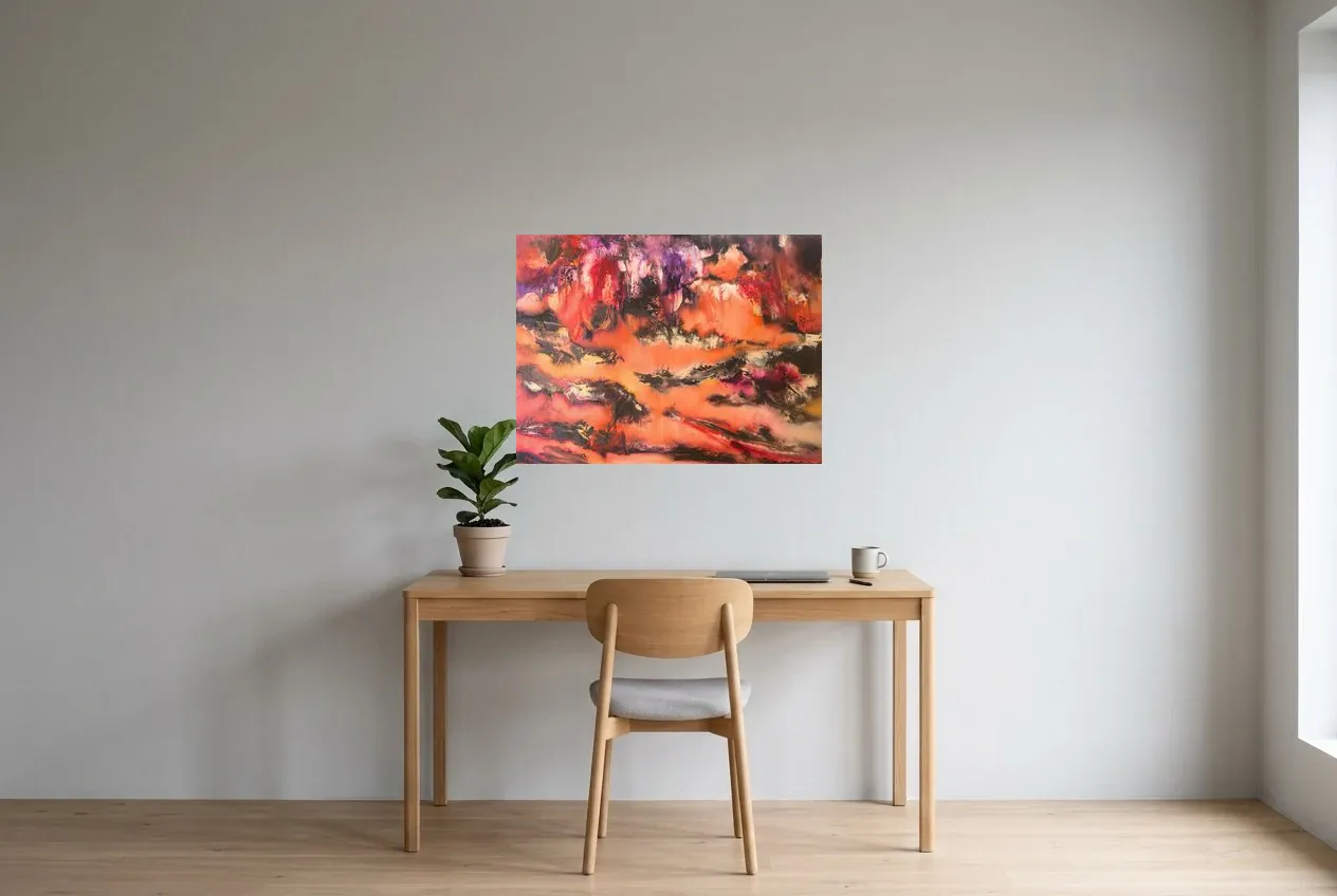 Cuadro Abstracto Rojo 19 “Steppe”, pintura original al óleo de Régine Gardan, 80 × 60 cm, colgado en un despacho