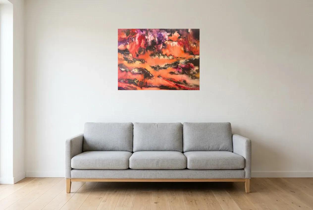 Cuadro Abstracto Rojo 19 “Steppe”, pintura original al óleo de Régine Gardan, 80 × 60 cm, colgado en un salón