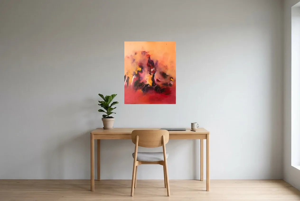 Red Abstract Painting 2 “Réconfort”, original oil painting by Régine Gardan, 60 × 73 cm, hung in a home office