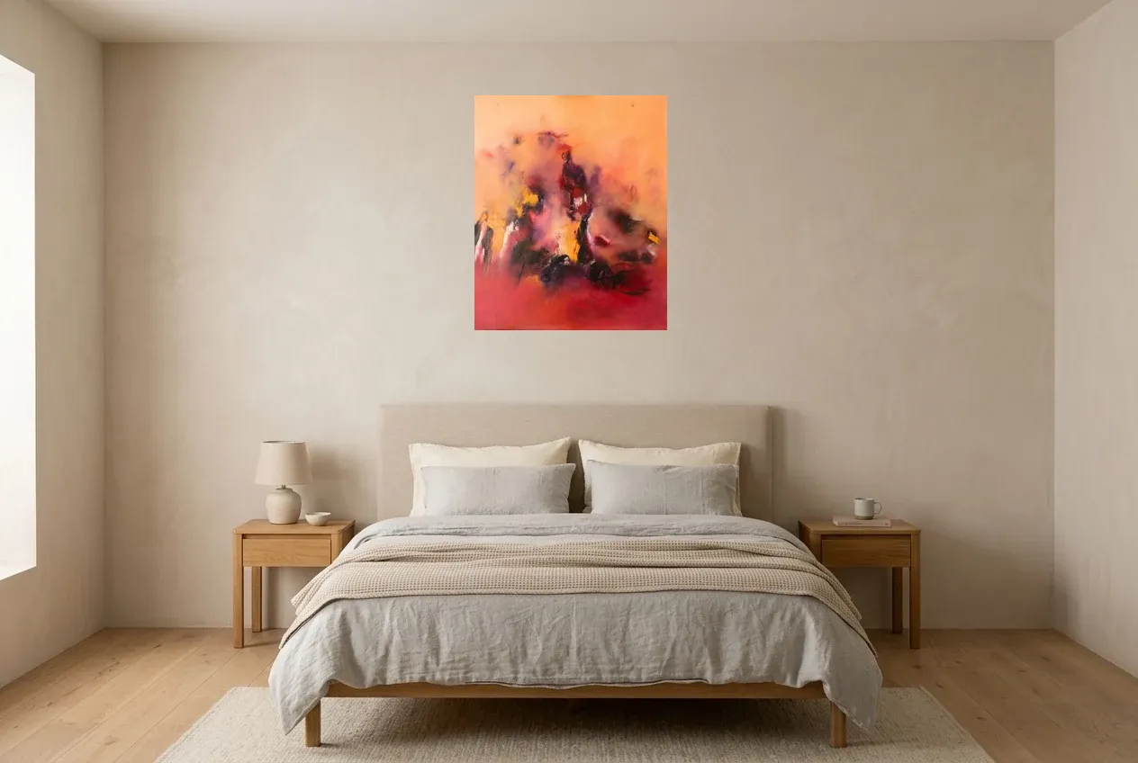 Red Abstract Painting 2 “Réconfort”, original oil painting by Régine Gardan, 60 × 73 cm, hung in a bedroom