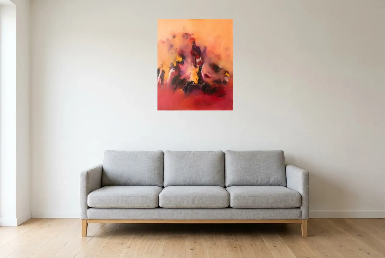 Red Abstract Painting 2 “Réconfort”, original oil painting by Régine Gardan, 60 × 73 cm, hung in a living room