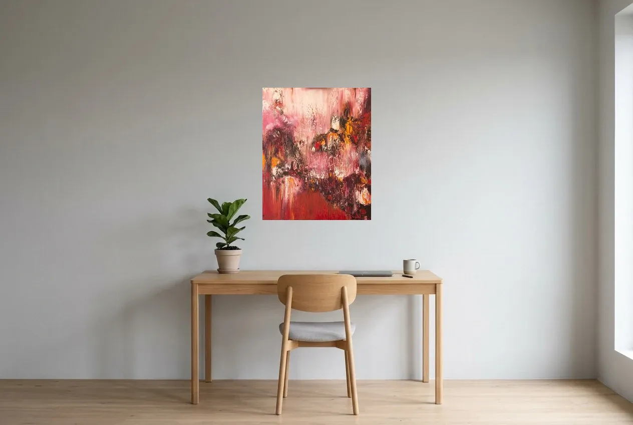 Red Abstract Painting 3 “Detachment”, original oil painting by Régine Gardan, 60 × 73 cm, hung in a home office
