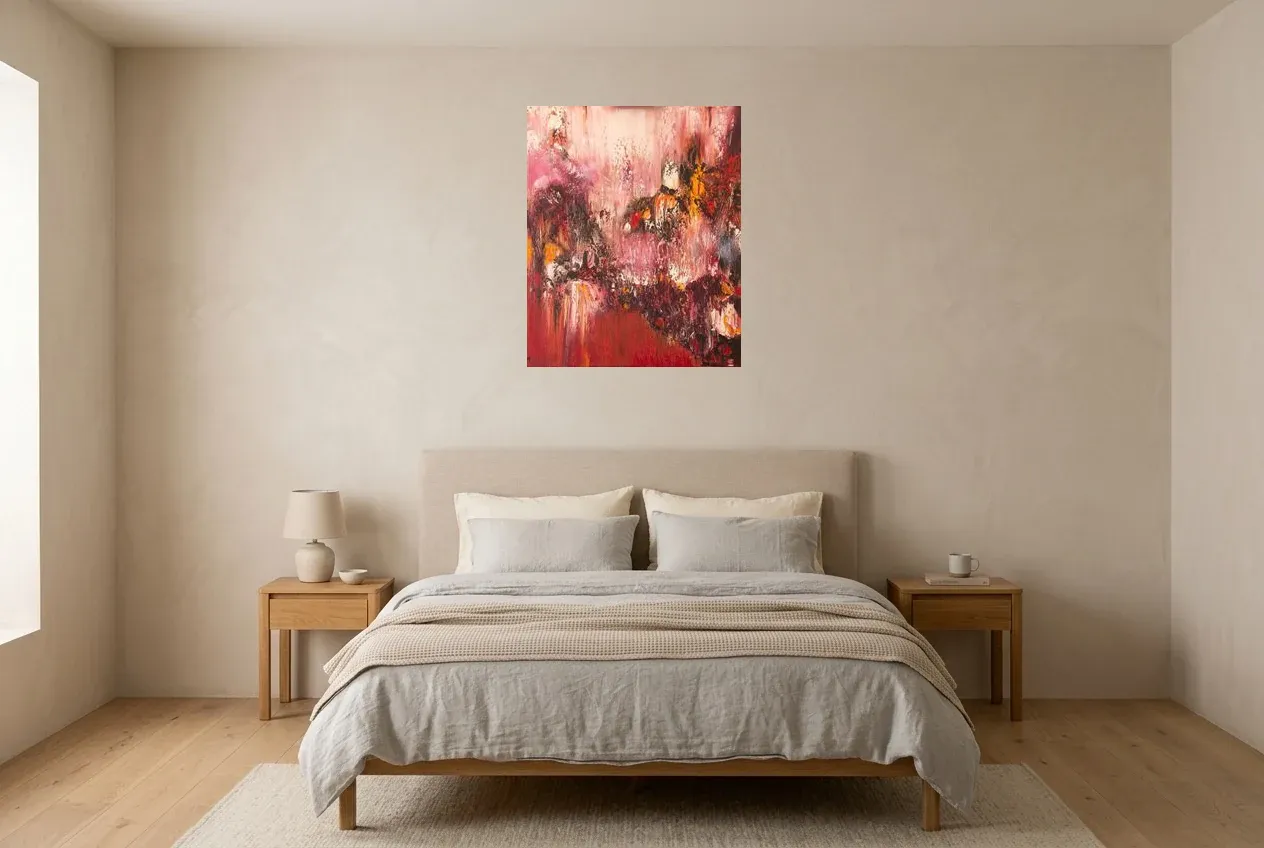 Red Abstract Painting 3 “Detachment”, original oil painting by Régine Gardan, 60 × 73 cm, hung in a bedroom