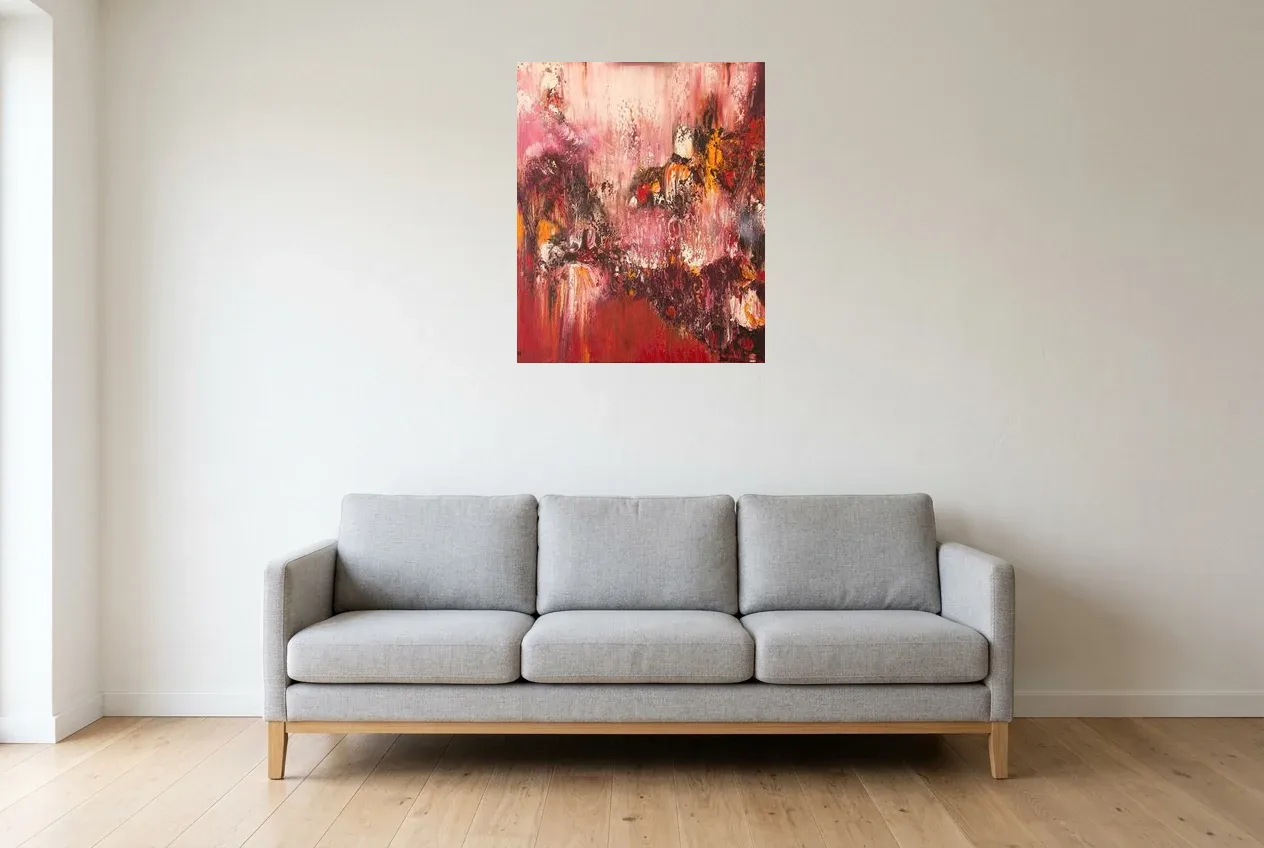 Red Abstract Painting 3 “Detachment”, original oil painting by Régine Gardan, 60 × 73 cm, hung in a living room