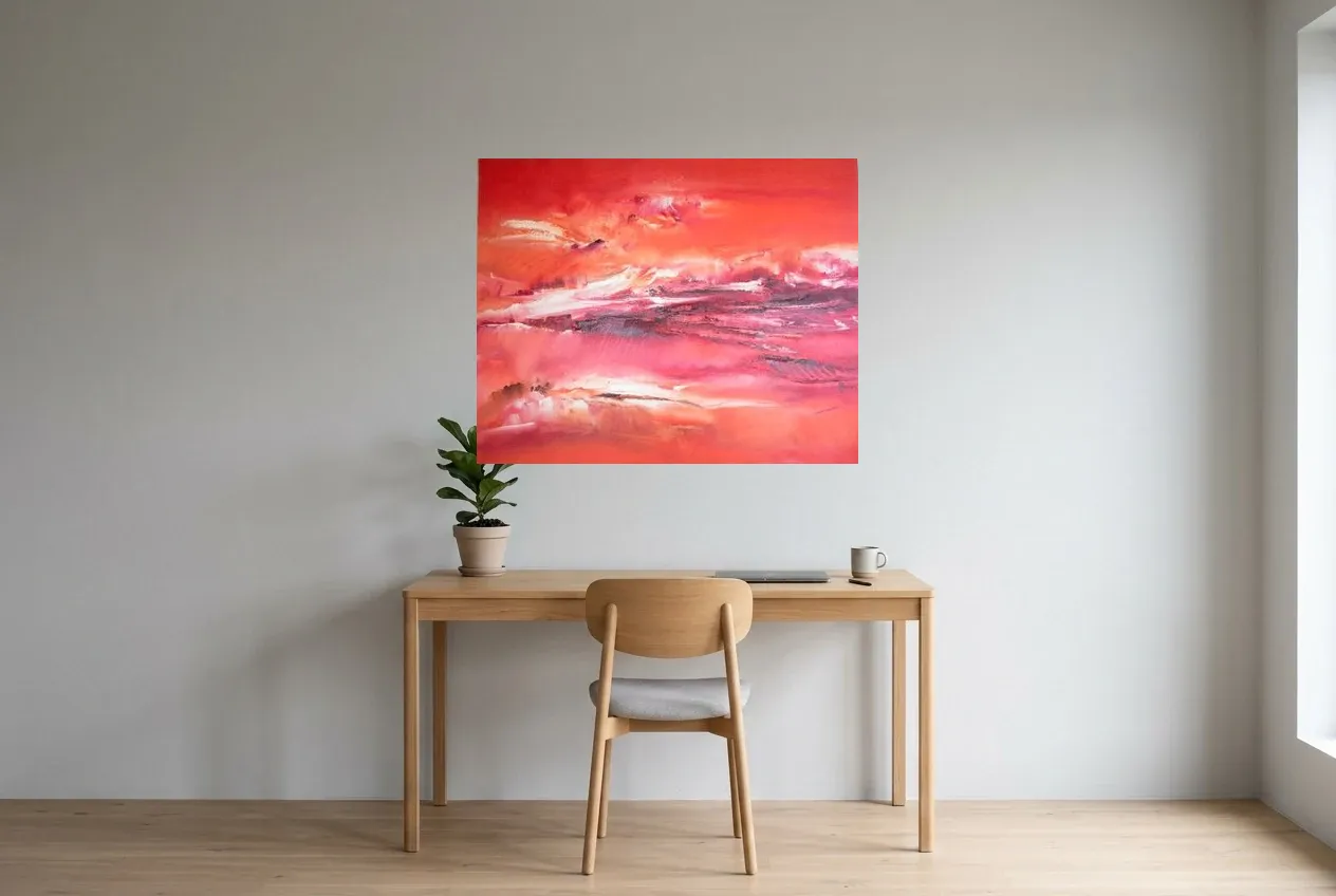 Red Abstract Painting 204 “Cardinal Rouge”, original oil painting by Régine Gardan, 100 × 80 cm, hung in a home office