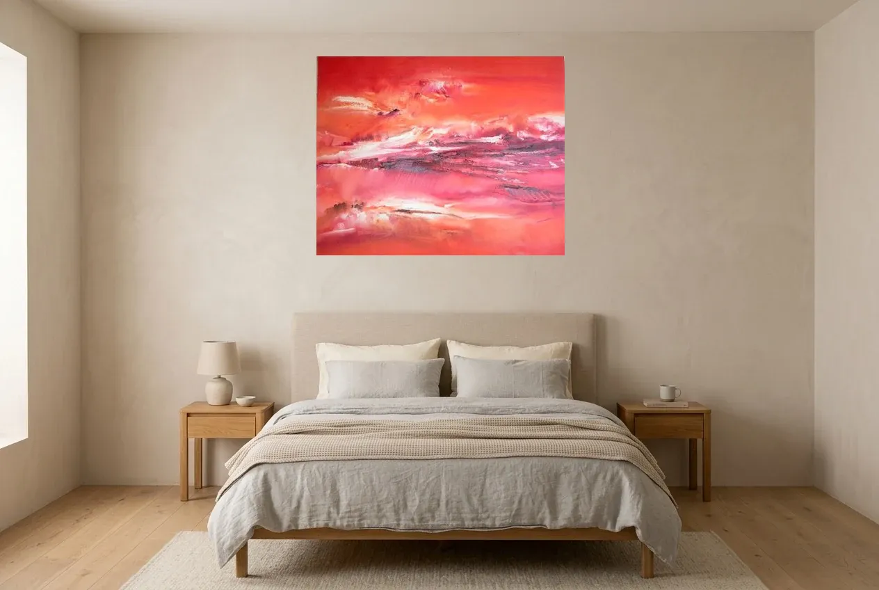 Red Abstract Painting 204 “Cardinal Rouge”, original oil painting by Régine Gardan, 100 × 80 cm, hung in a bedroom