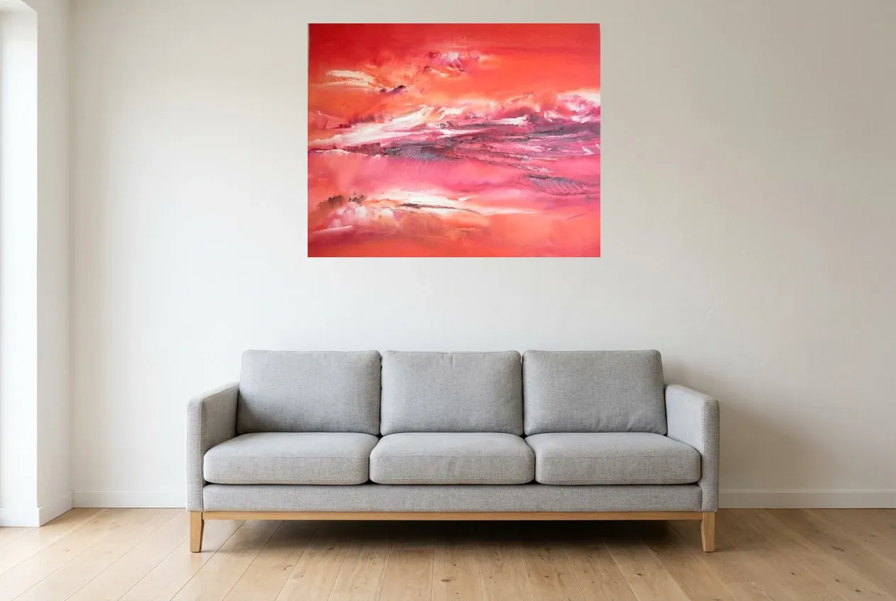 Red Abstract Painting 204 “Cardinal Rouge”, original oil painting by Régine Gardan, 100 × 80 cm, hung in a living room