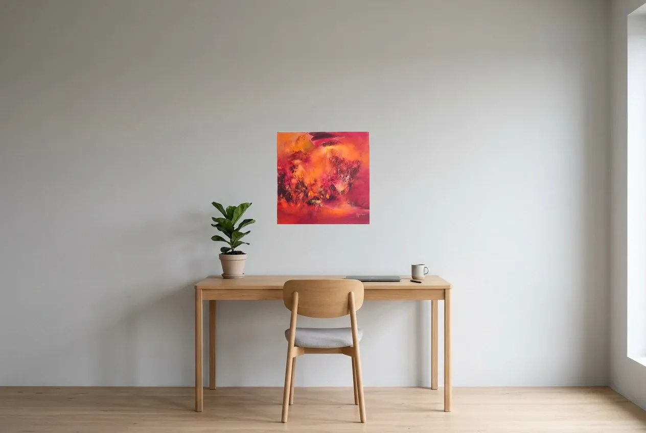 Cuadro Abstracto Rojo 209 “Coquelicot”, pintura original al óleo de Régine Gardan, 50 × 50 cm, colgado en un despacho