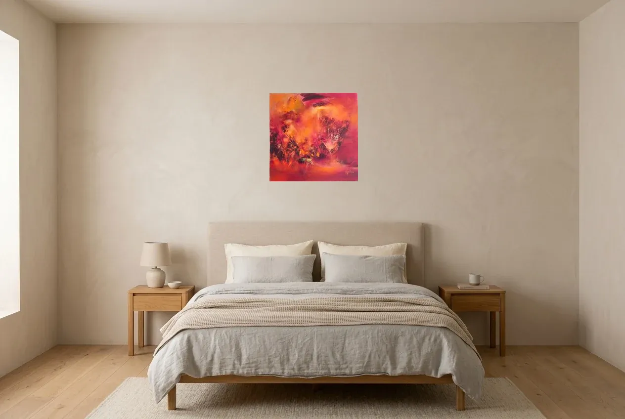 Cuadro Abstracto Rojo 209 “Coquelicot”, pintura original al óleo de Régine Gardan, 50 × 50 cm, colgado en un dormitorio