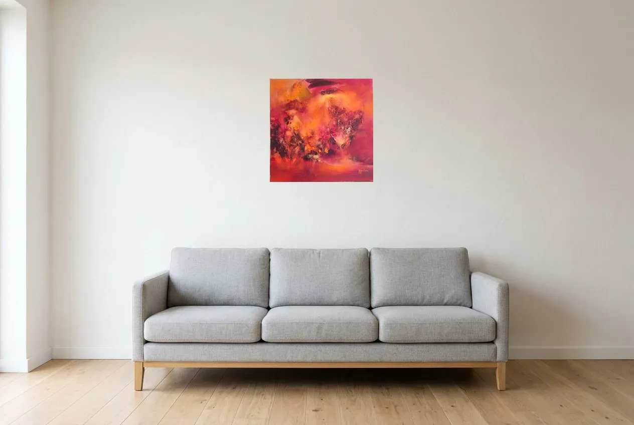 Cuadro Abstracto Rojo 209 “Coquelicot”, pintura original al óleo de Régine Gardan, 50 × 50 cm, colgado en un salón