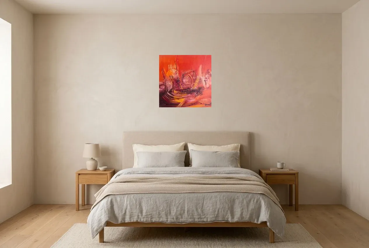 Cuadro Abstracto Rojo 212 “Vibrations”, pintura original al óleo de Régine Gardan, 50 × 50 cm, colgado en un dormitorio