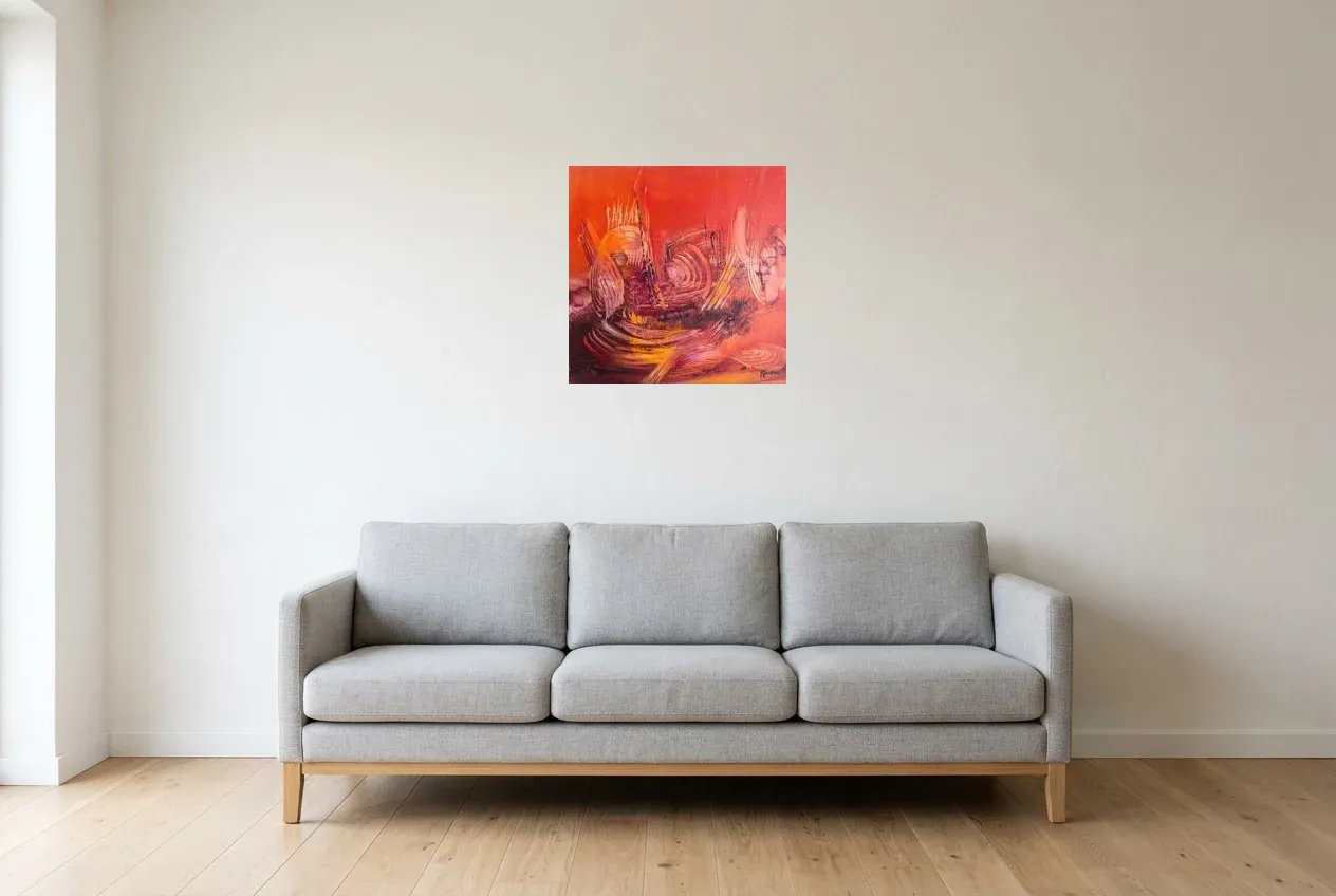 Cuadro Abstracto Rojo 212 “Vibrations”, pintura original al óleo de Régine Gardan, 50 × 50 cm, colgado en un salón