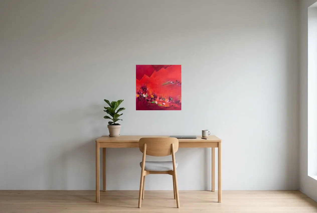 Cuadro Abstracto Rojo 213 “Le Miroir”, pintura original al óleo de Régine Gardan, 50 × 50 cm, colgado en un despacho