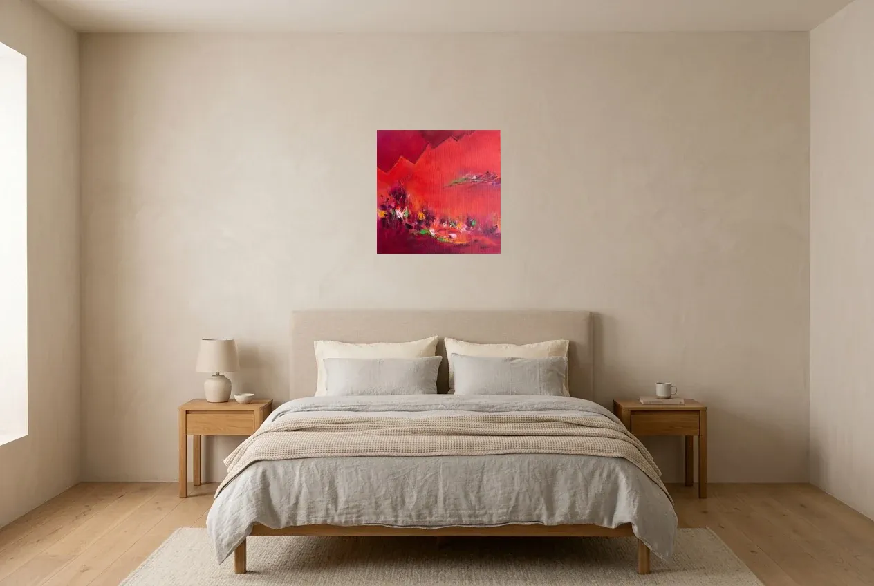 Cuadro Abstracto Rojo 213 “Le Miroir”, pintura original al óleo de Régine Gardan, 50 × 50 cm, colgado en un dormitorio