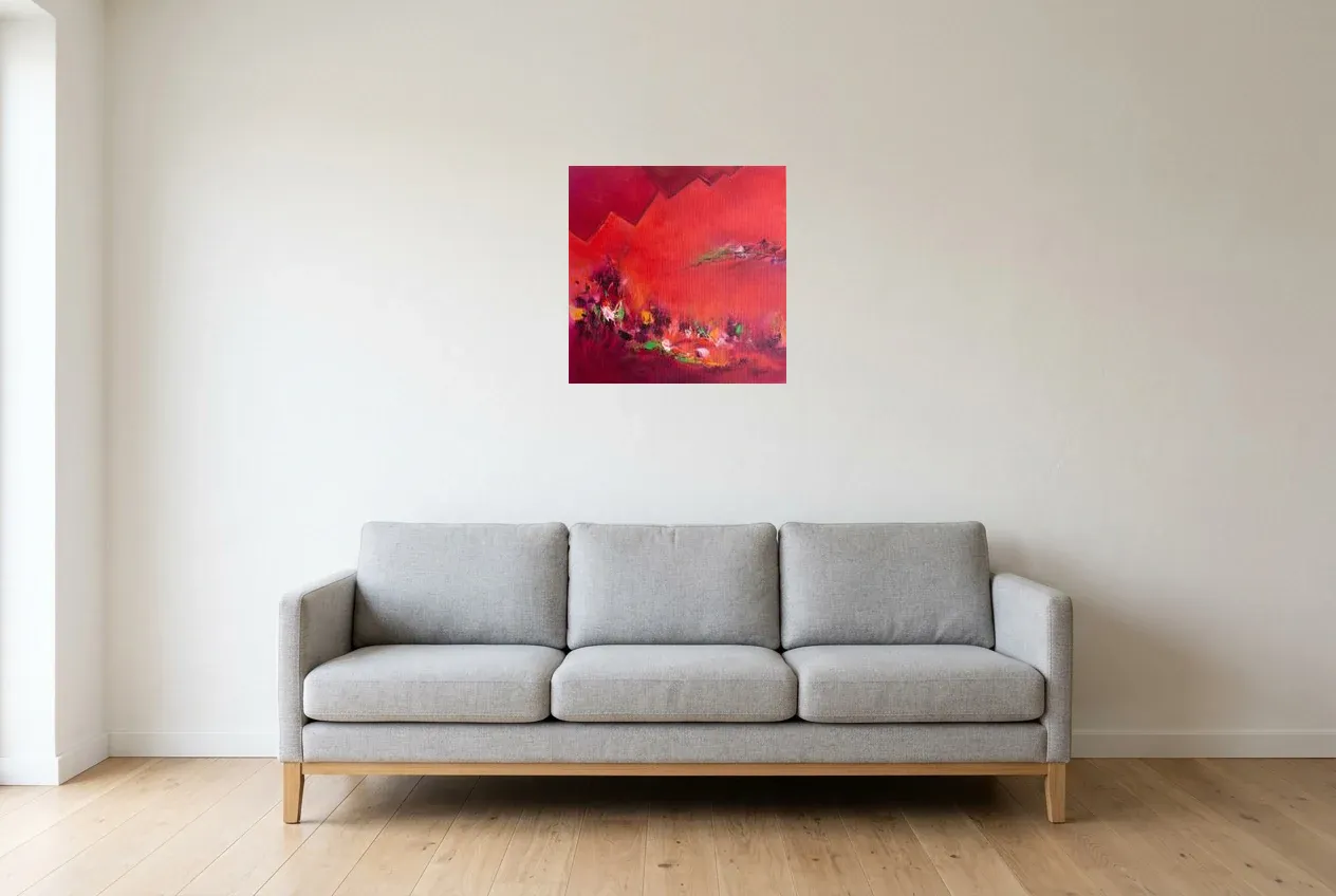 Cuadro Abstracto Rojo 213 “Le Miroir”, pintura original al óleo de Régine Gardan, 50 × 50 cm, colgado en un salón