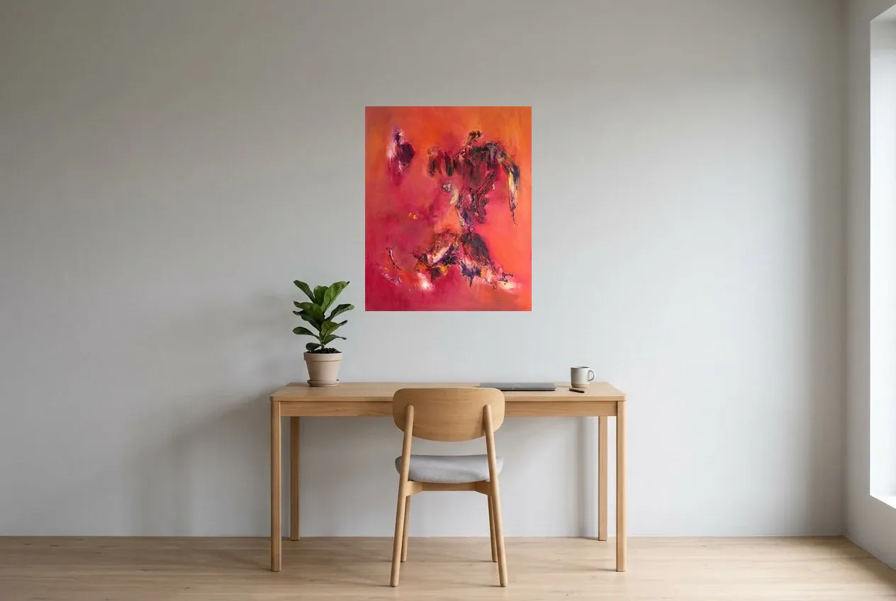 Red Abstract Painting 216 “Equis”, original oil painting by Régine Gardan, 65 × 80 cm, hung in a home office