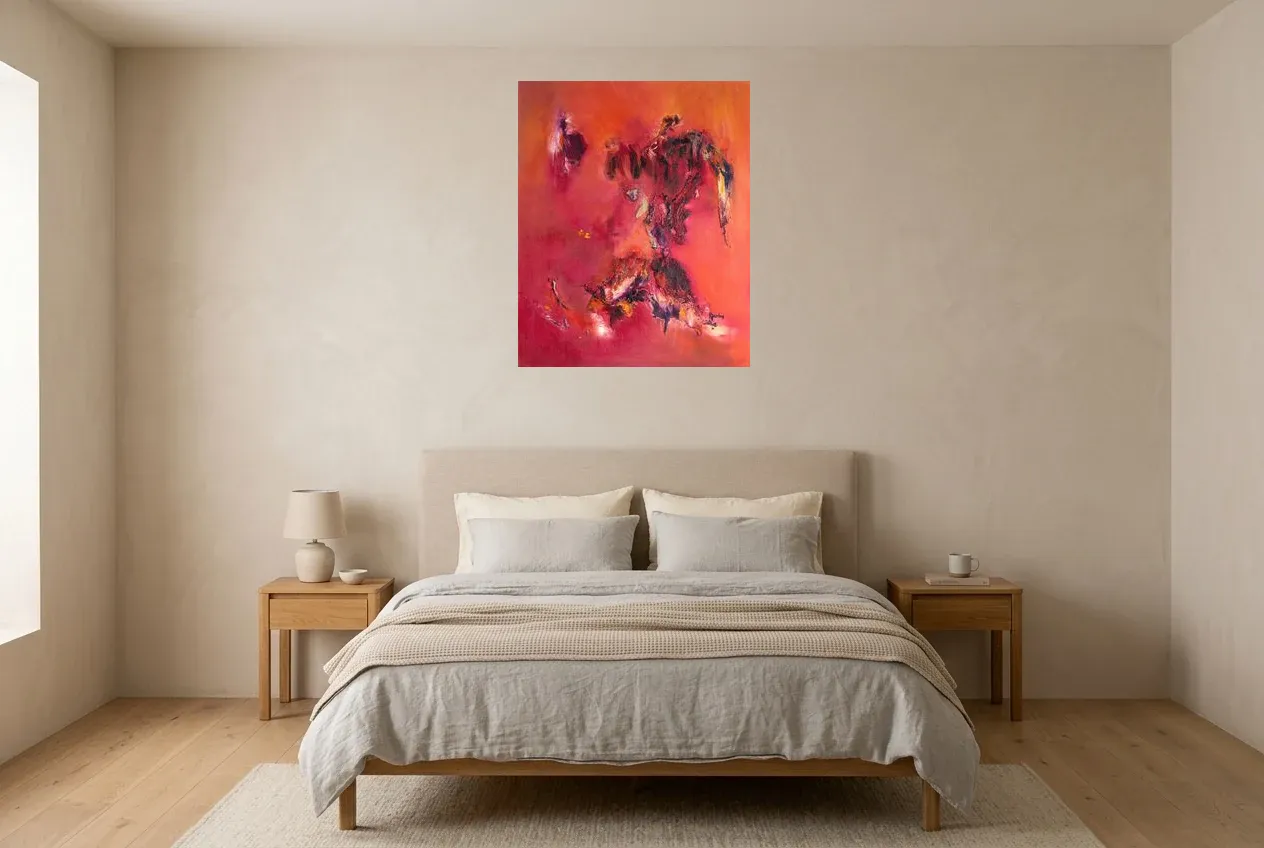 Red Abstract Painting 216 “Equis”, original oil painting by Régine Gardan, 65 × 80 cm, hung in a bedroom