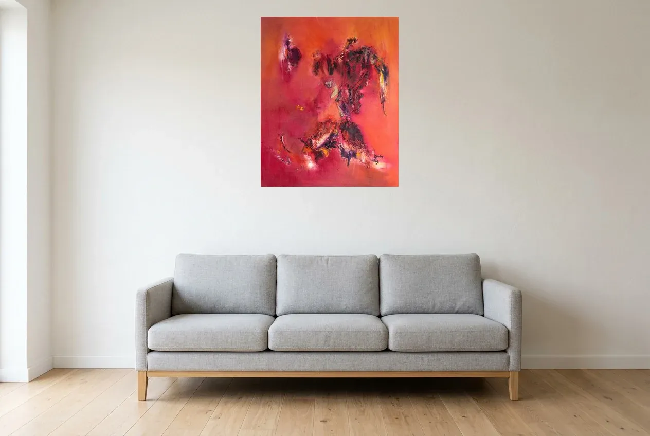 Red Abstract Painting 216 “Equis”, original oil painting by Régine Gardan, 65 × 80 cm, hung in a living room